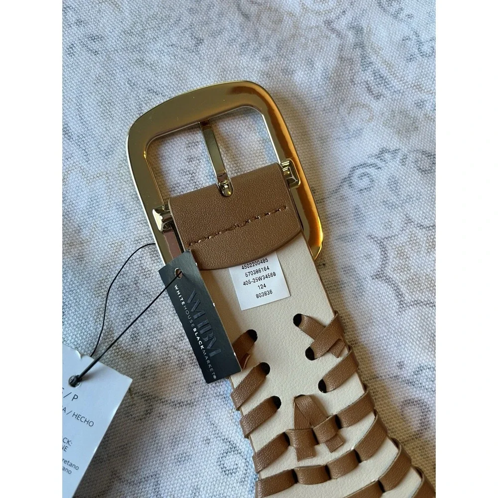 White House Black‎ Market Faux Leather Woven Belt S/P Gold Tone Buckle Vachetta